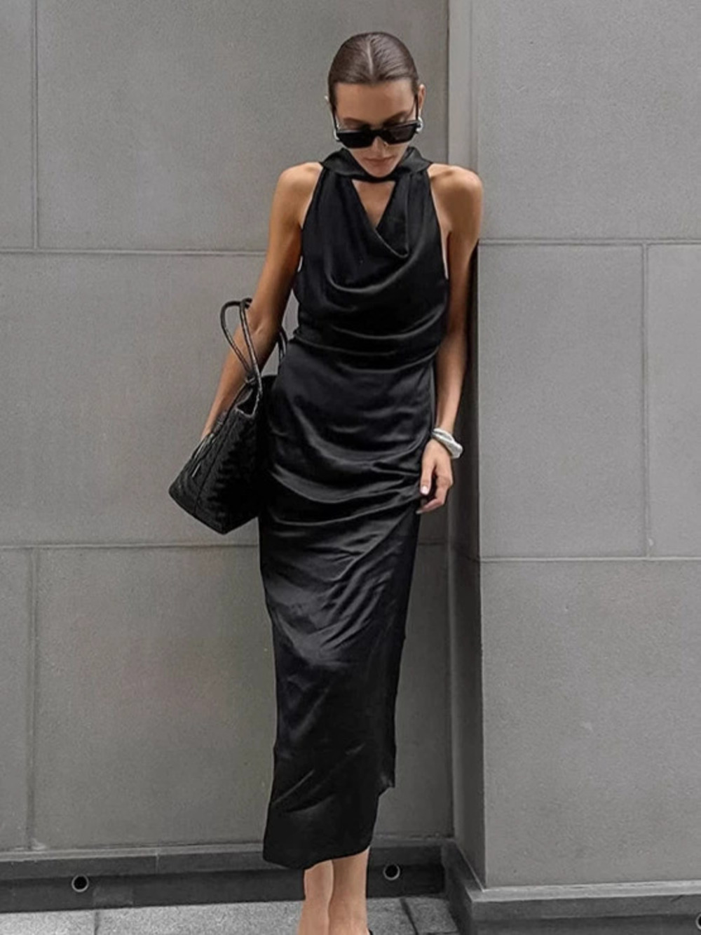 Forever 21 Black Halter Cowl Neck Satin Bodycon Dress Fall Office